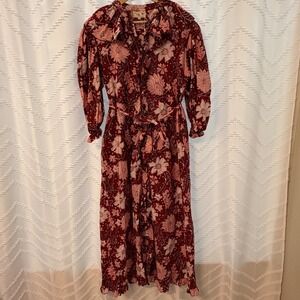 Mille Resort & Travel Burgundy Floral Hand Block Print Maxi Dress Womens Medium